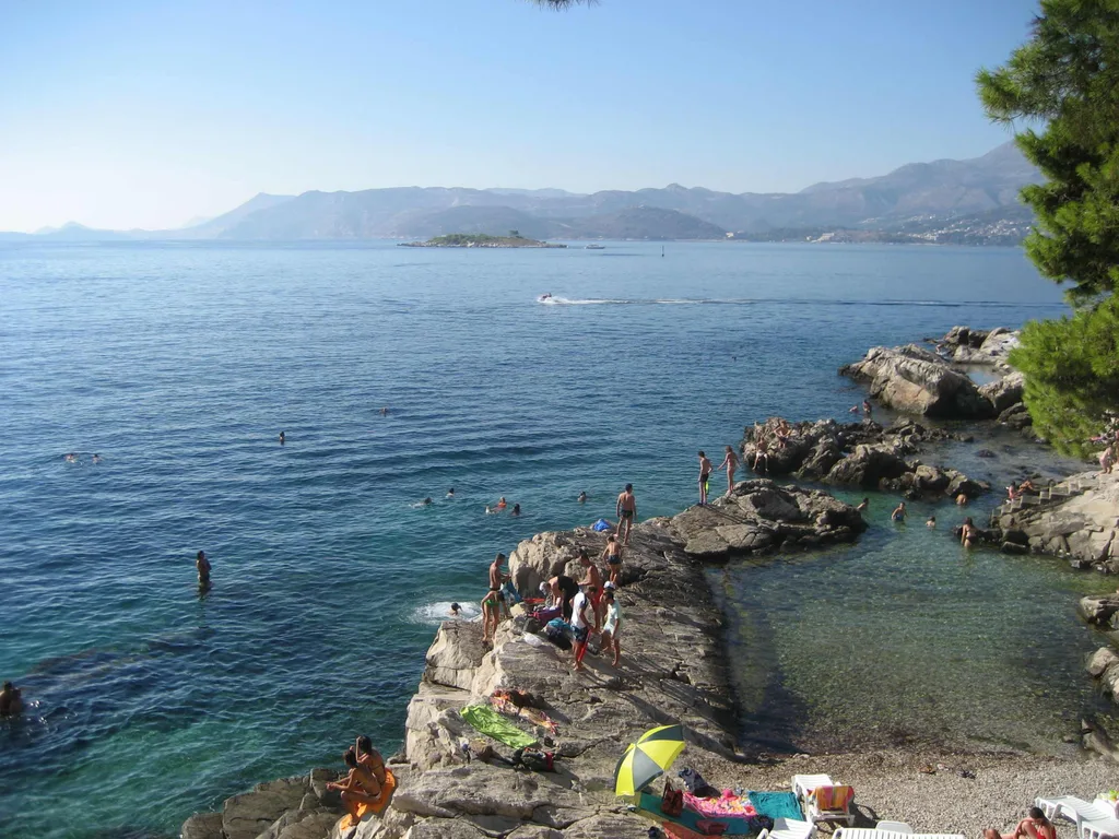 The rocky, pine-topped coastline at Cavtat in southern Croatia, with clear water against a low stone shore.