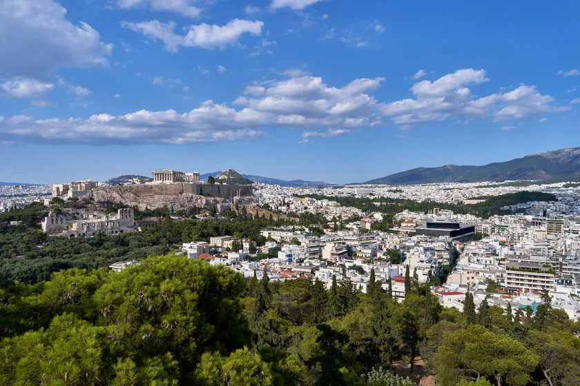 The Acropolis and Mount Hymettus from Philopappos Hill on July 18, 2019